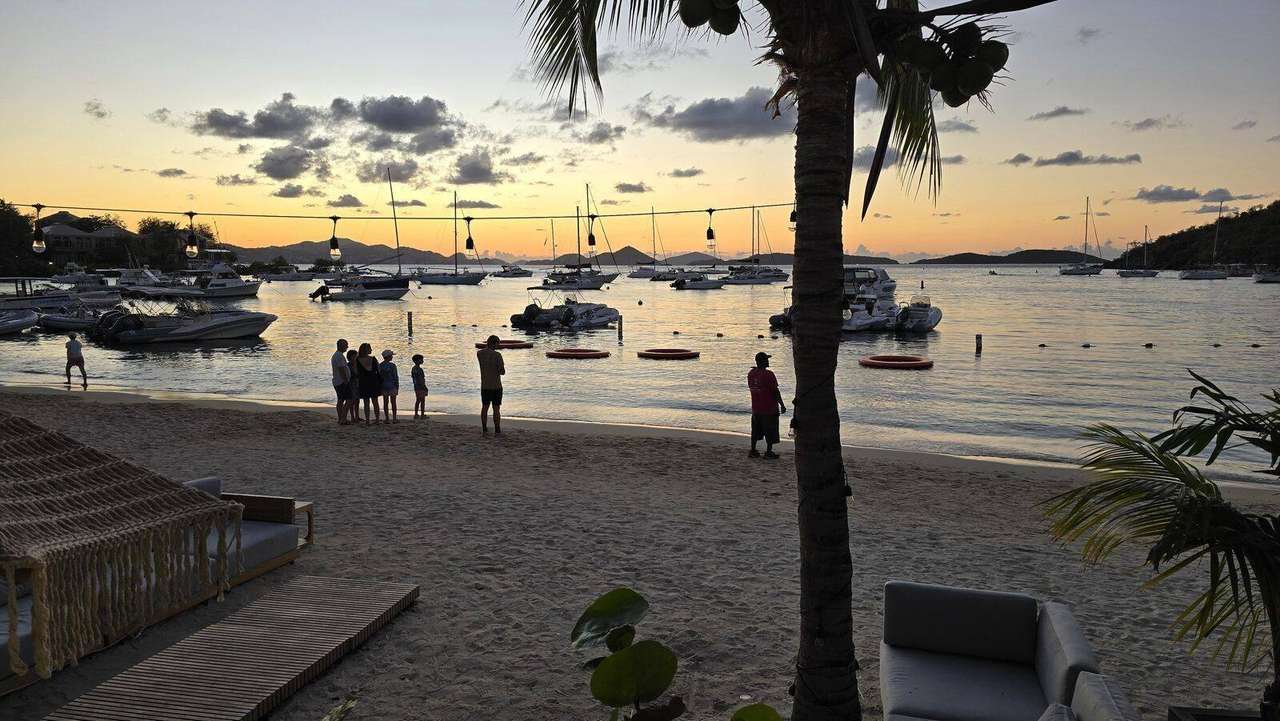 Golden hour at a Cruz Bay beach bar and harbor, St. John USVI