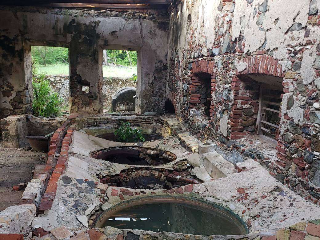 The Reef Bay sugar factory ruins on St. John — brick boiling coppers and stone furnace arches at the end of the Reef Bay Trail